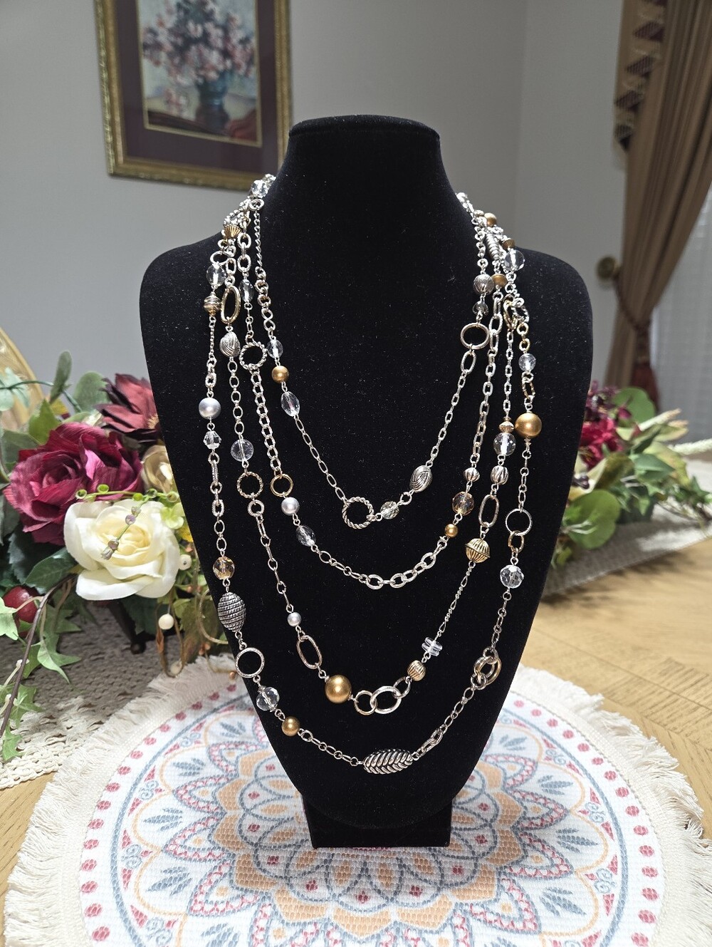 Multi-Strand Women's Necklace in Silver and Gold Tones